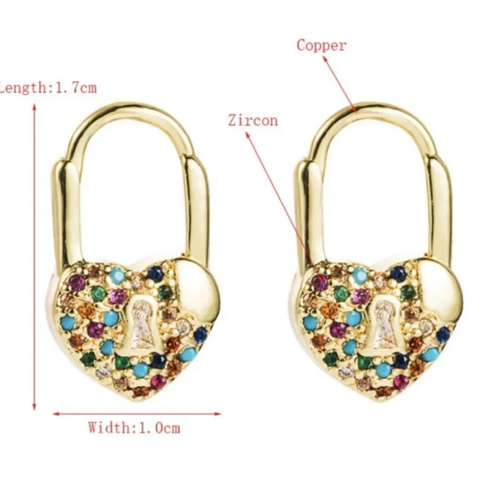 Heart Lock Hoop Earrings Women Plated 18k Gold Multicolor Zircon and Turquoise - Picture 2 of 3
